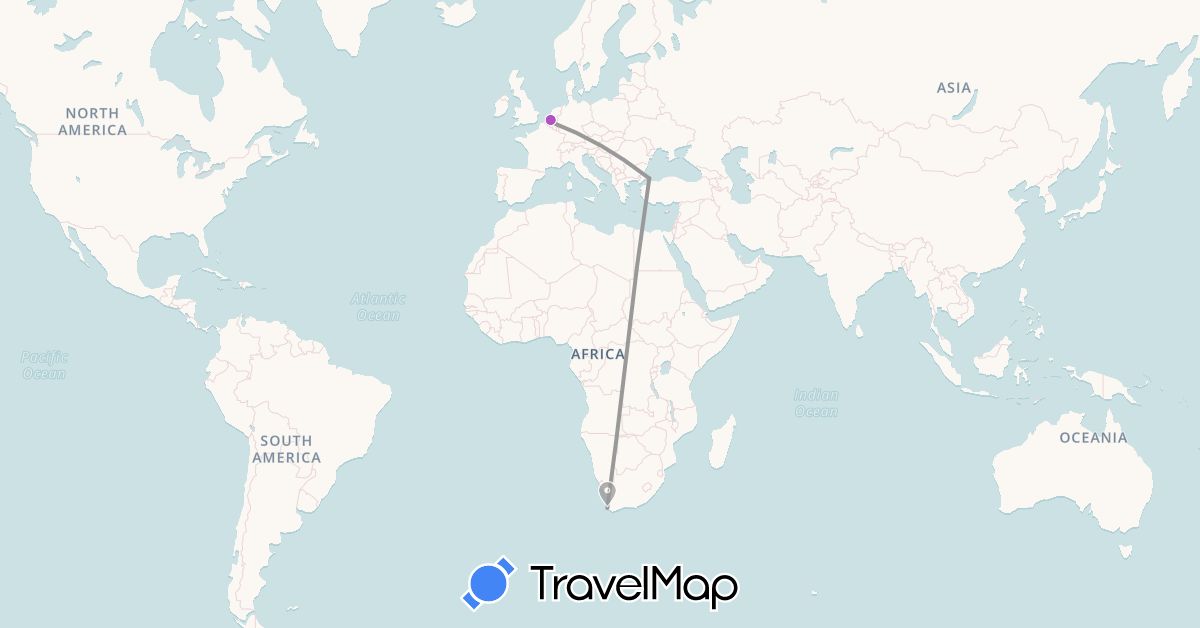 TravelMap itinerary: driving, plane, train in Belgium, Turkey, South Africa (Africa, Asia, Europe)